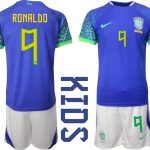 RONALDO #9 Brasilien Bortatröja Barn FIFA VM 2022 Qatar Kortärmad + Korta byxor
