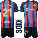 F.DE JONG #21 Barcelona Hemmatröja Barn 2022-23 Kortärmad + Korta byxor för Barn