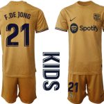 FC Barcelona Bortatröja Barn 2022-23 Kortärmad + Korta byxor med tryck F.DE JONG 21