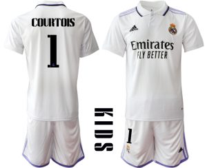 Real Madrid Hemmatröja Barn 2022-23 Kortärmad + Korta byxor med tryck COURTOIS 1