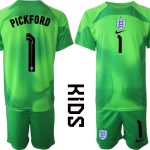 PICKFORD #1 England Målvaktströja 2023 Barn grön Kortärmad + Korta byxor