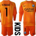 Nya Paris Saint-Germain PSG Målvakt Barn 2023 Orange Långärmad Fotbollströja Set med tryck K.NAVAS 1