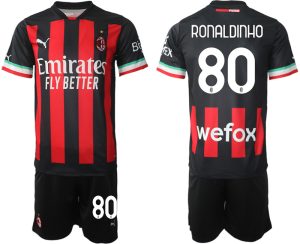 Beställa Fotbollströjor AC Milan Hemmatröja Herr 2023 Kortärmad + Korta byxor med namn RONALDINHO 80