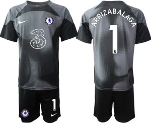 Billigt Chelsea FC 2023 Målvaktströja svart Fotbollströjor För Män ARRIZABALAGA 1 Kortärmad + Korta byxor