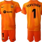 Nya FC Barcelona 2023 Målvaktströja Herr orange Kortärmad + Korta byxor med tryck TERSTEGEN 1 Fotbollströjor Sverige