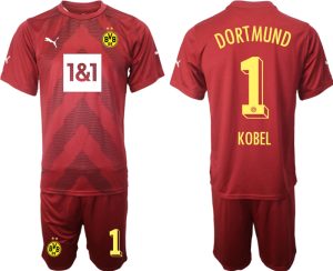 Nya KOBEL #1 Borussia Dortmund BVB Målvaktströja Herr 2023 Röd Kortärmad + Korta byxor fotbollströjor för män