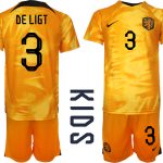 Nya Nederländerna Hemmatröja barn VM 2022 Kortärmad+ Korta byxor med tryck DE LIGT 3 fotbollströja set